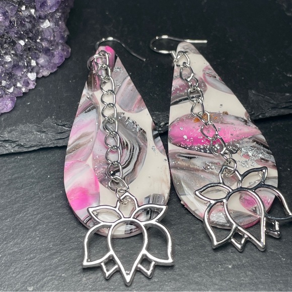 Elegant Pink, Gray and Silver Artisan Lotus Flower Dangle Earrings - Picture 10 of 12